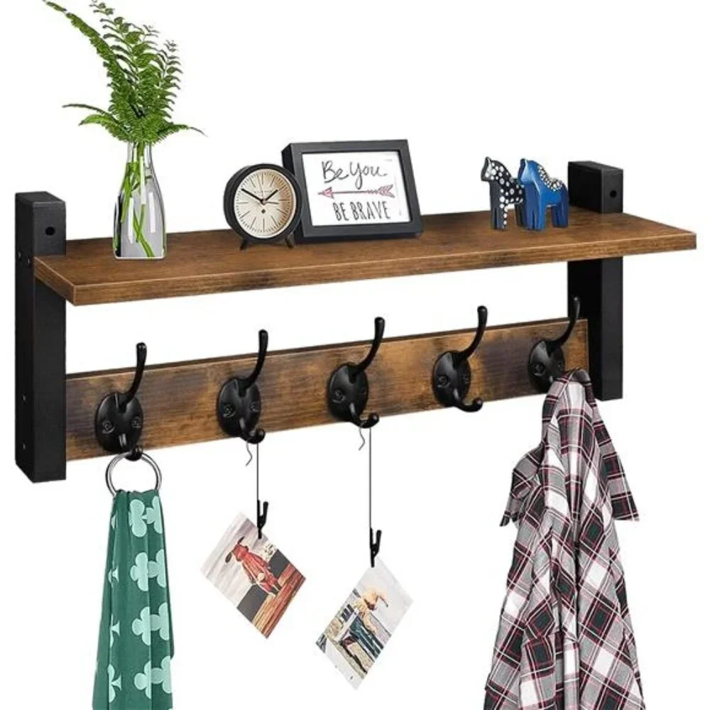 Wall Hooks with Shelf, Wood Coat Rack with Shelf Wall-Mounted, Entryway Hanging
